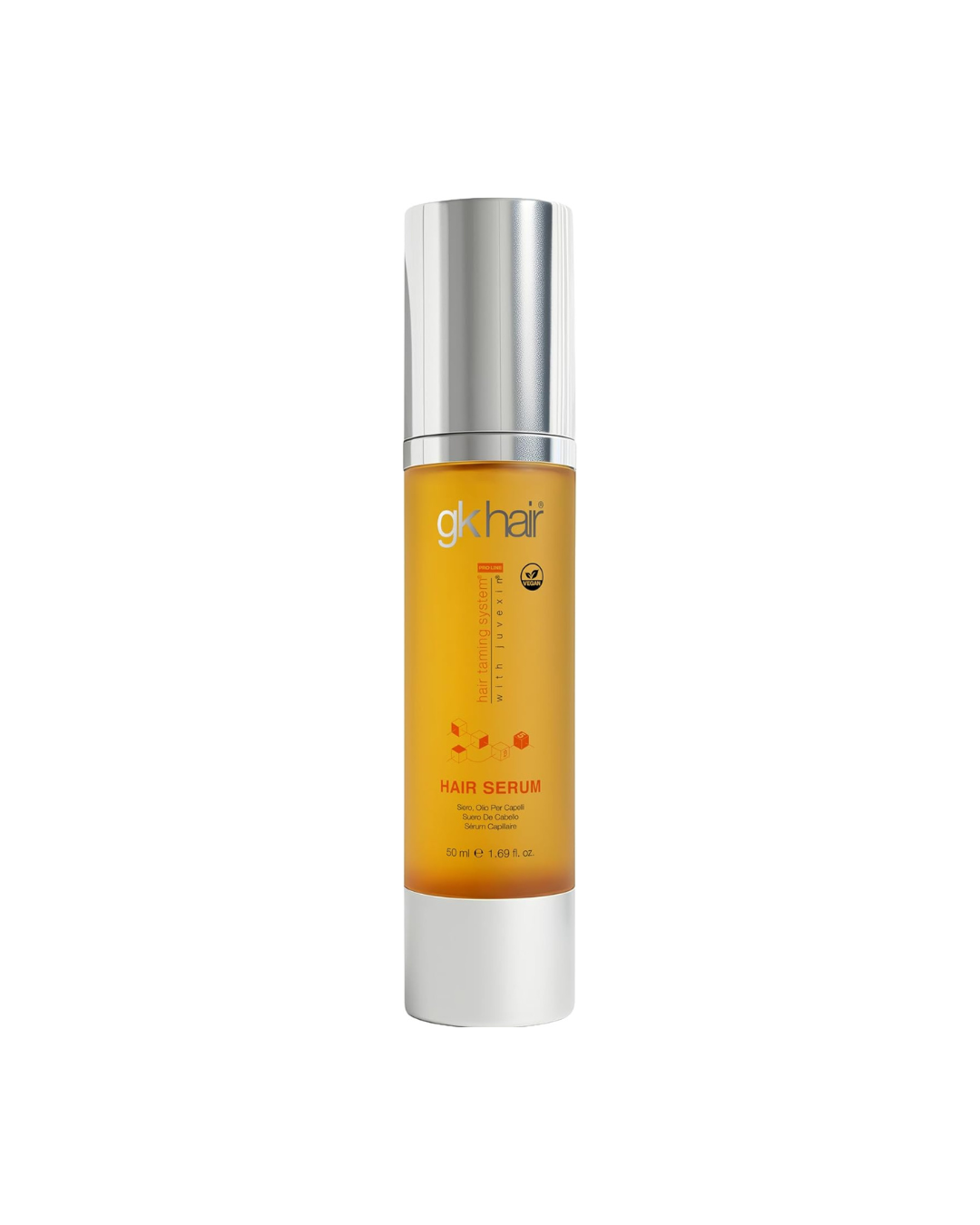 gk Hair serum bottle with silver cap and orange label on a white background