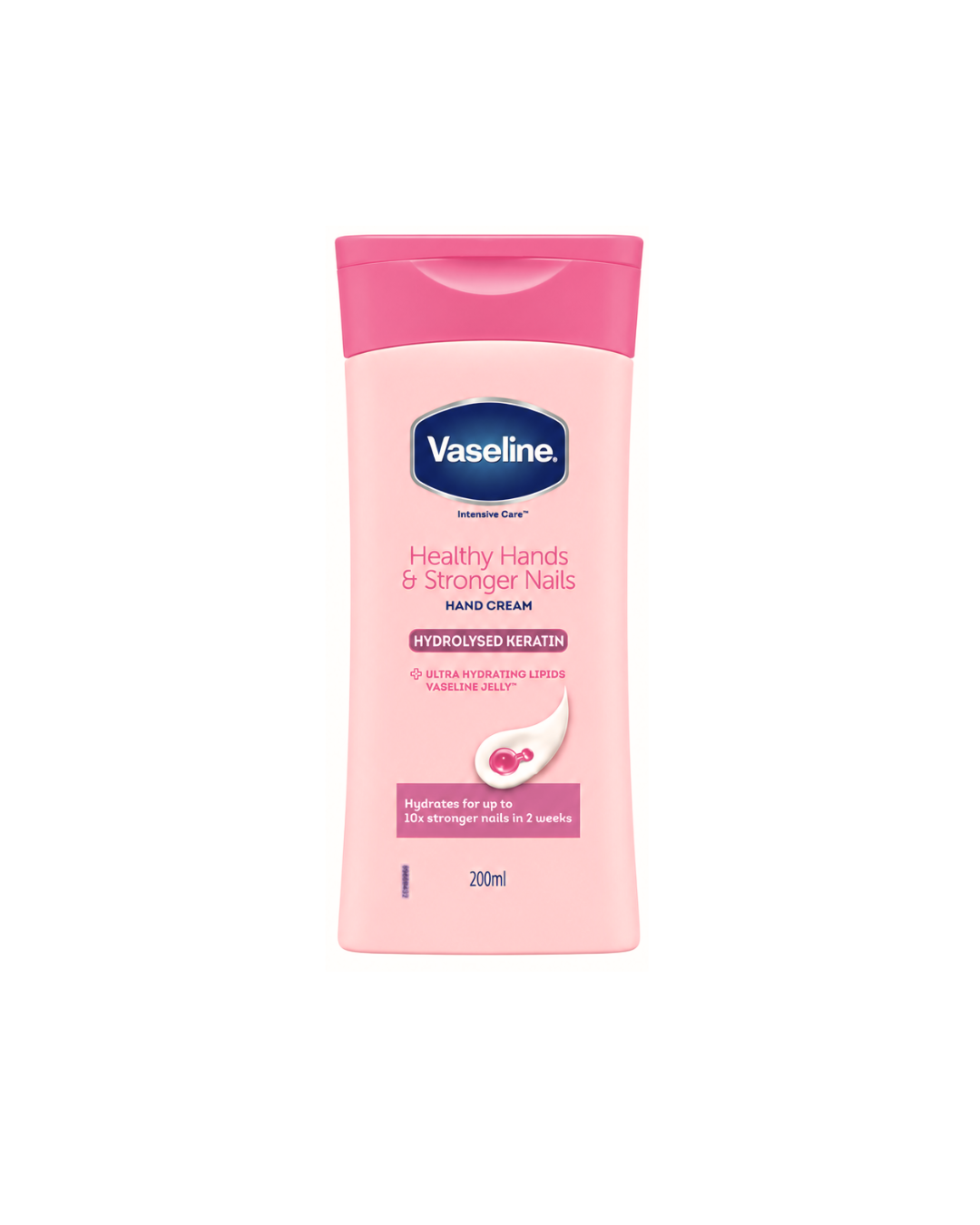 Vaseline pink hand cream for healthy hands and stronger nails on a white background with a pink cap