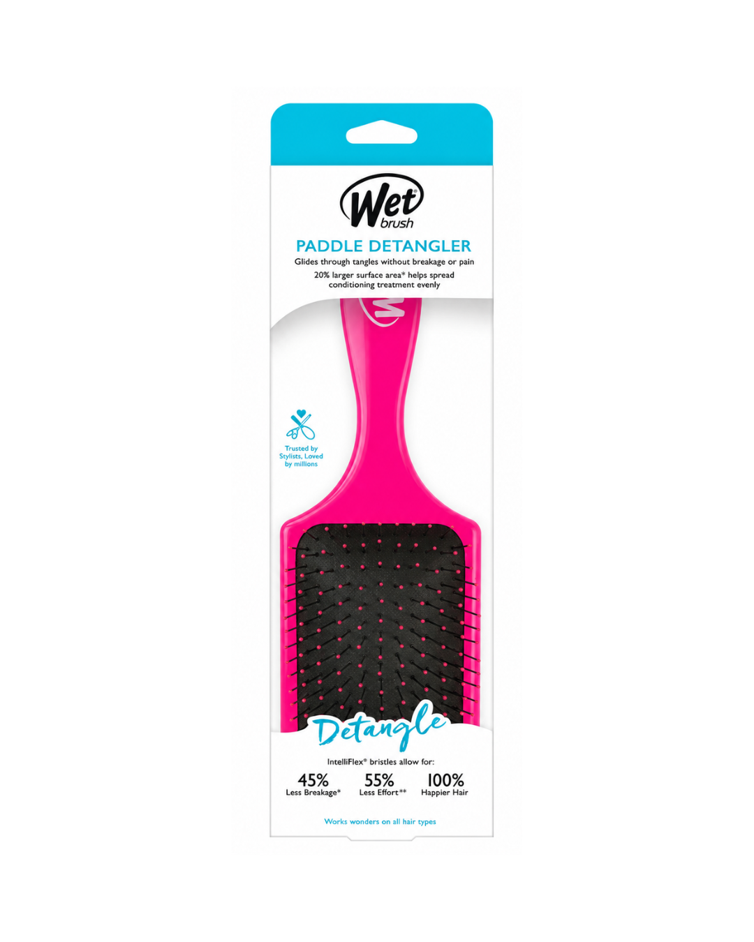 Pink paddle detangler brush with packaging on a white background