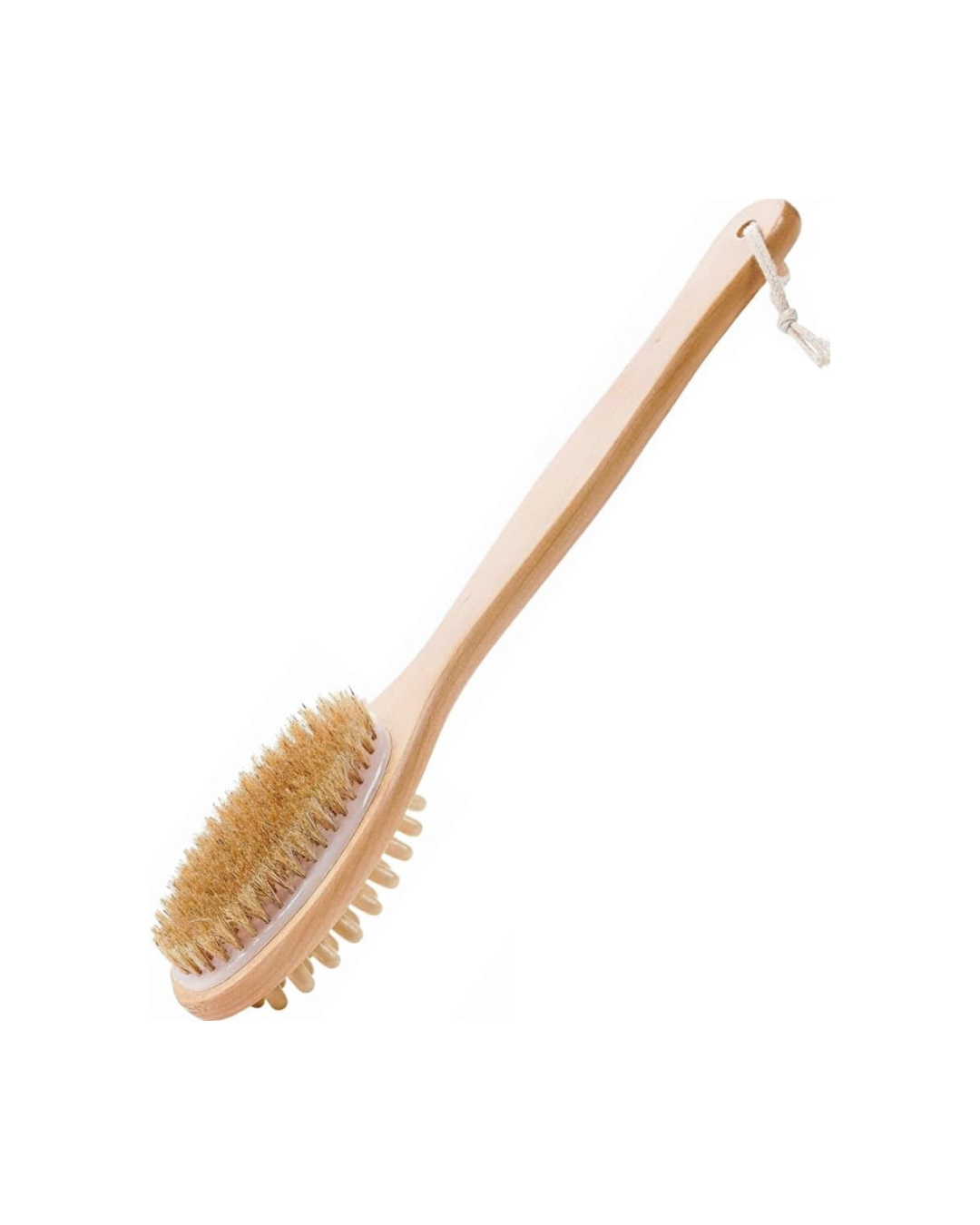 Bare skin body brush with wooden handle on a white background