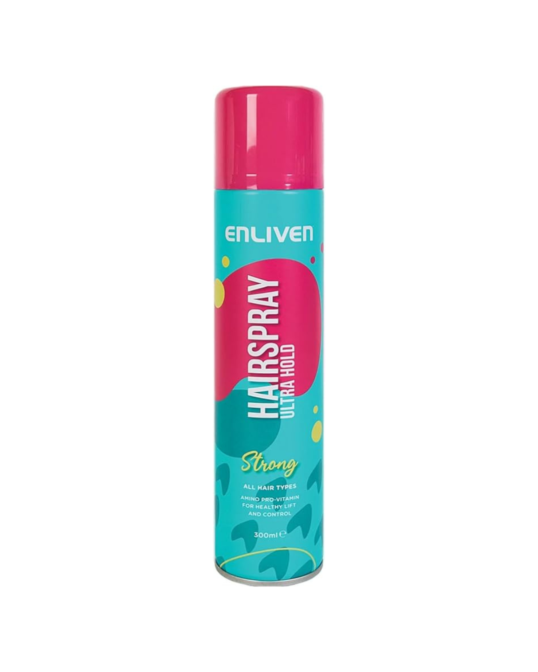 Enliven hairspray can with pink and blue design on a white background