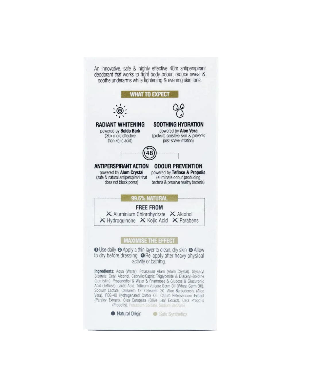 Product label with text and icons on a white background