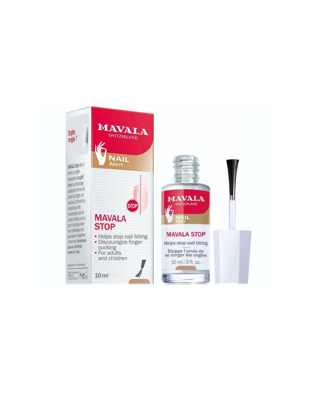 Mavala Stop nail biter deterrent with packaging on a white background