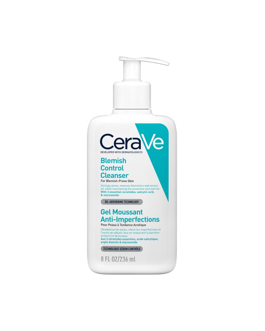 CeraVe blemish control cleanser bottle on a white background