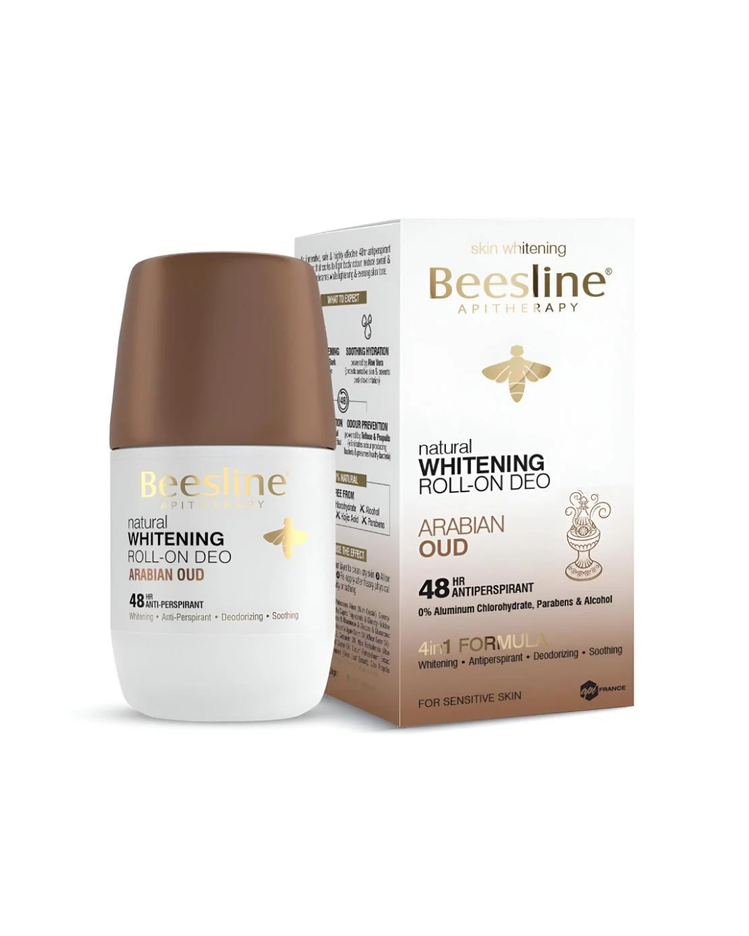 Beesline natural Whitening Roll-On Deo Arabian Oud with packaging on a white background 