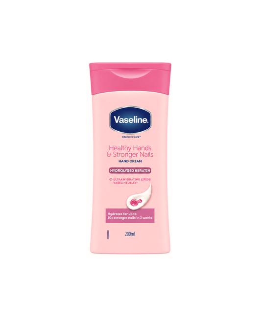 Vaseline pink hand cream for healthy hands and stronger nails on a white background with a pink cap