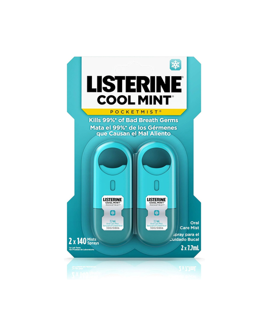 Listerine Cool Mint packaging with two mint strips on a white background