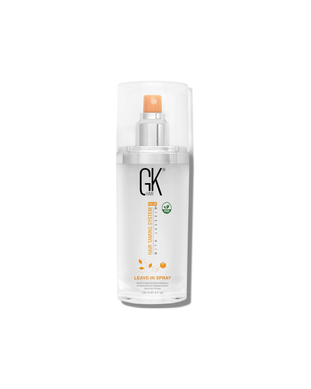 GK hair care product spray bottle on a white background