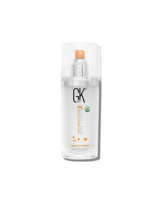 GK hair care product spray bottle on a white background