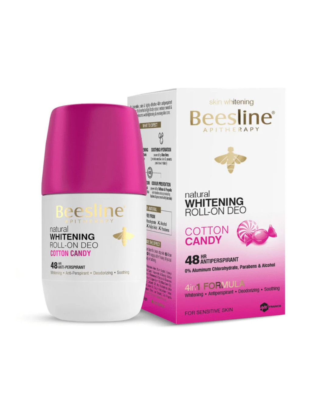 Beesline Whitening Roll-On Deodorant Cotton Candy with packaging on white background