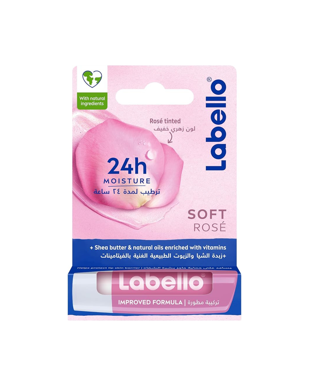 Labello Soft Rosé lip balm packaging on a white background