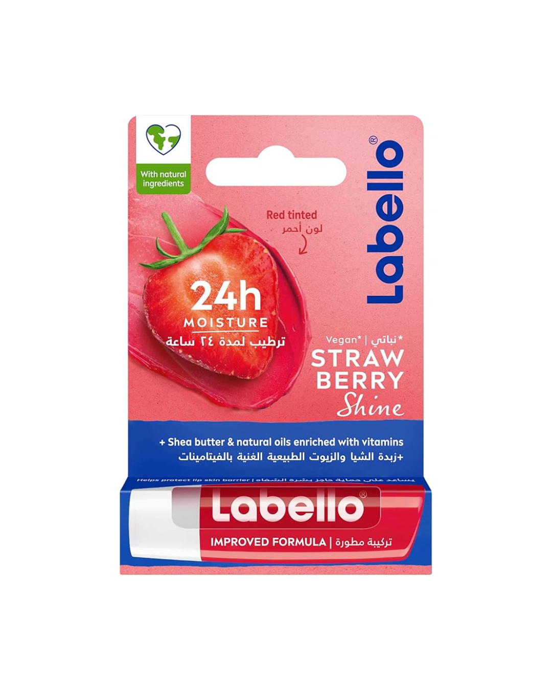 Labello strawberry lip balm packaging on a white background