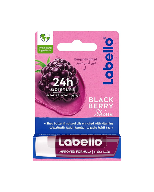 Labello Black Berry shine lip balm packaging on a white background