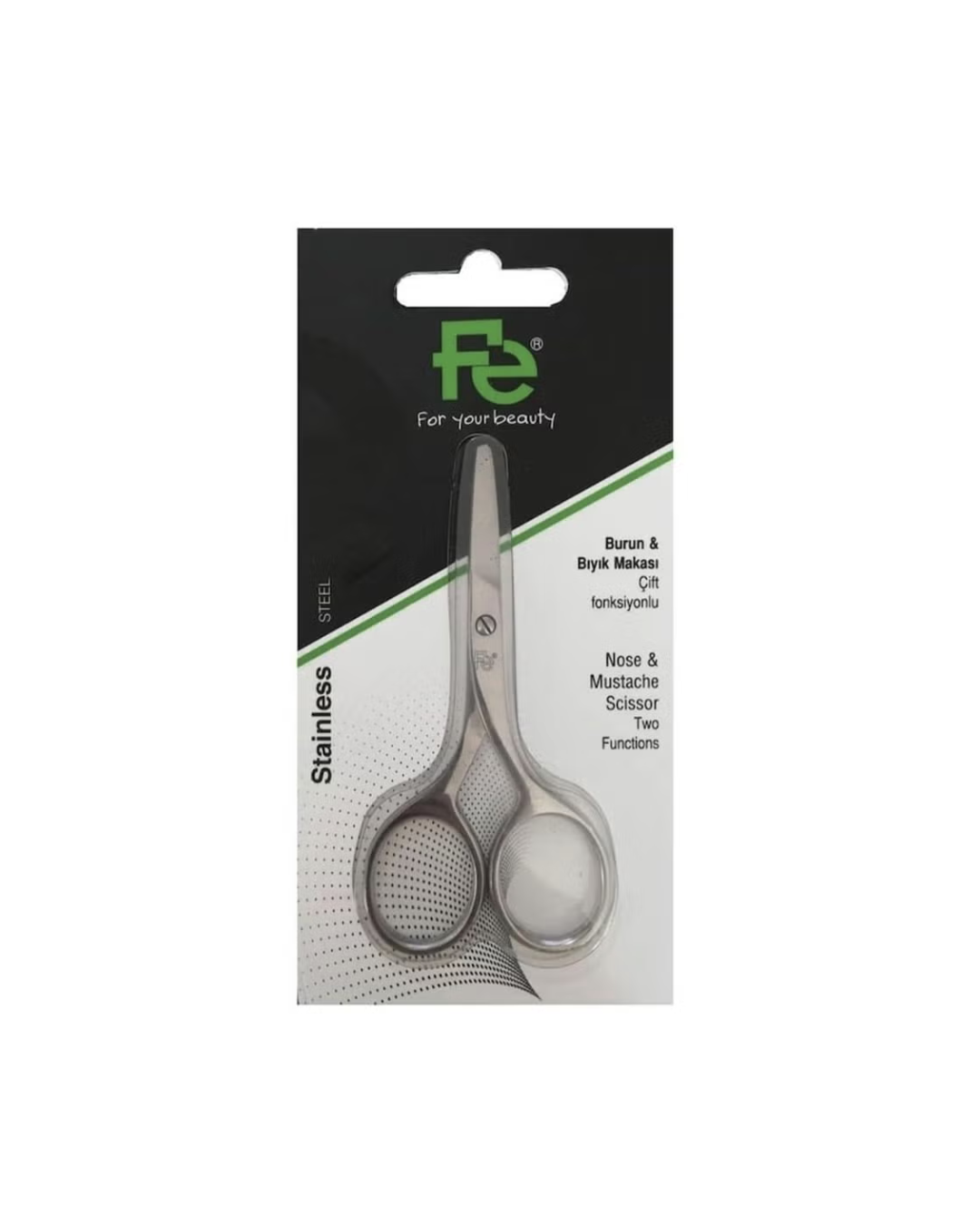 Packaged scissors with 'FE' branding on a white background