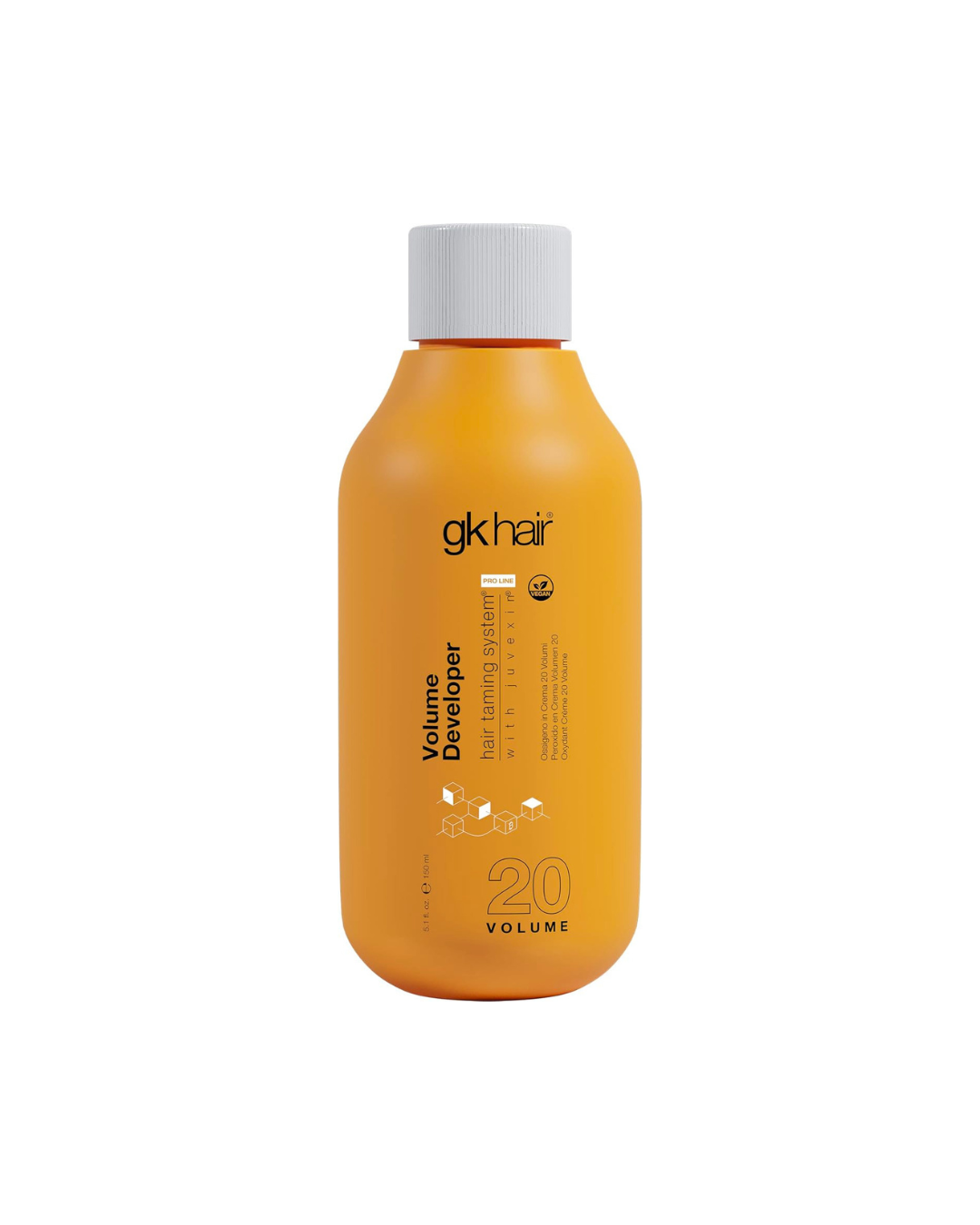 Orange bottle of gk hair Volume Developer on a white background