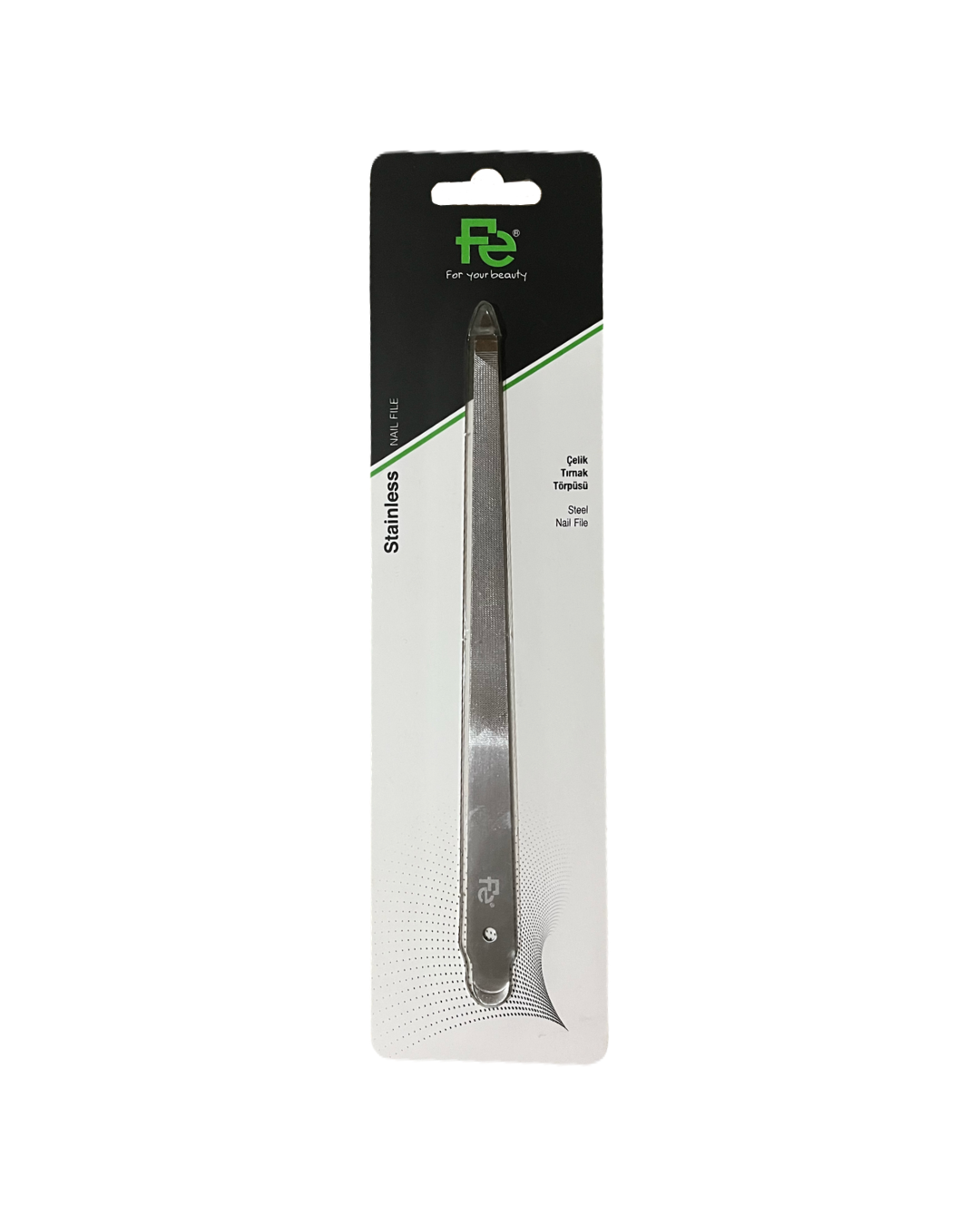 Fe stainless steel nail file packaging on white background