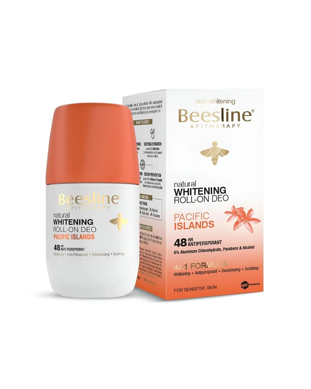 Beesline Whitening Roll-On Deodorant Pacific Islands with packaging on white background