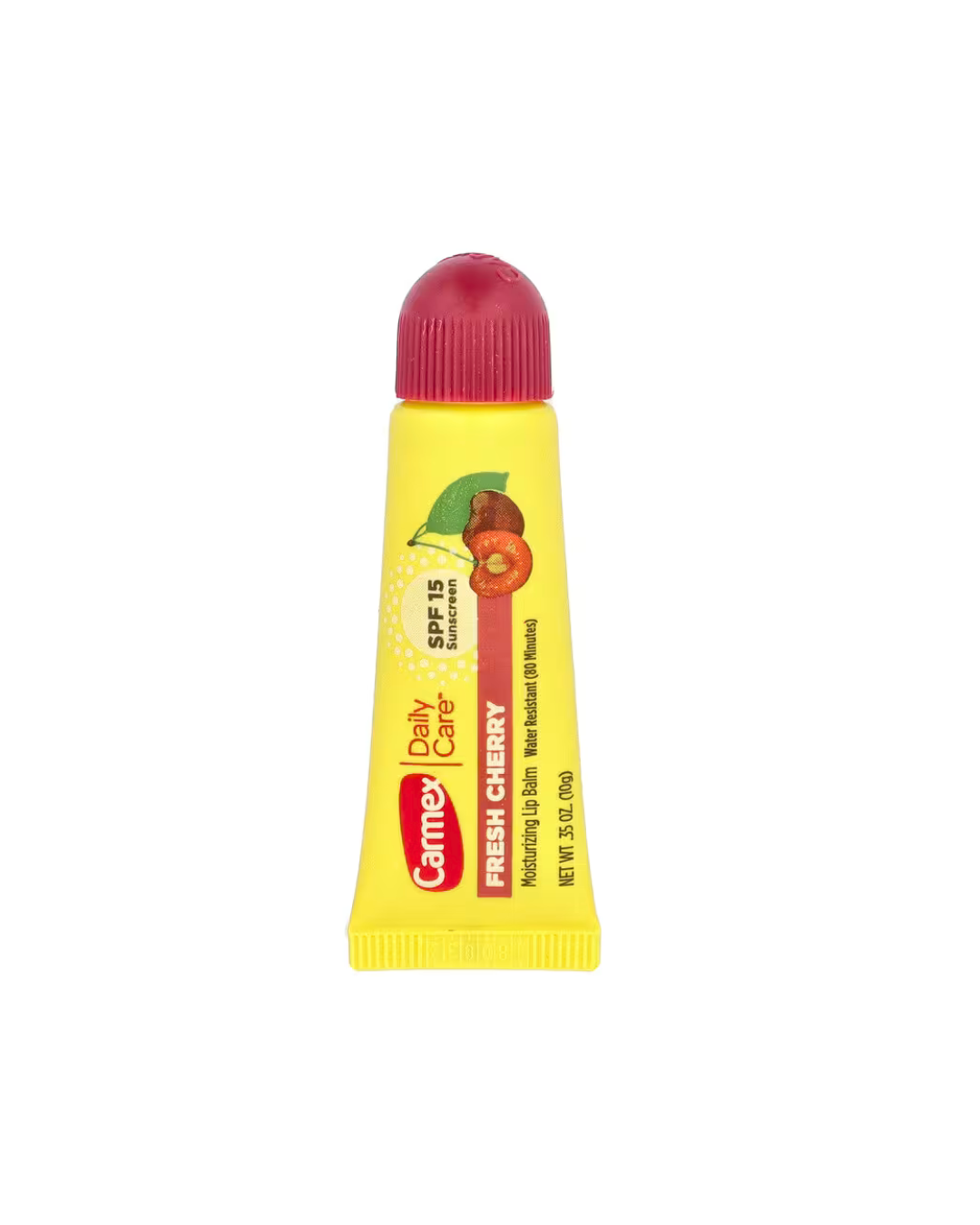 Yellow Carmex lip balm tube with red cap on a white background