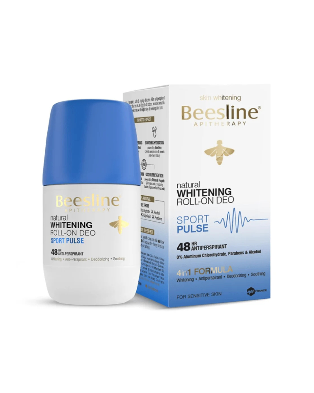 Beeline natural whitening roll-on deodorant on with packaging a white background