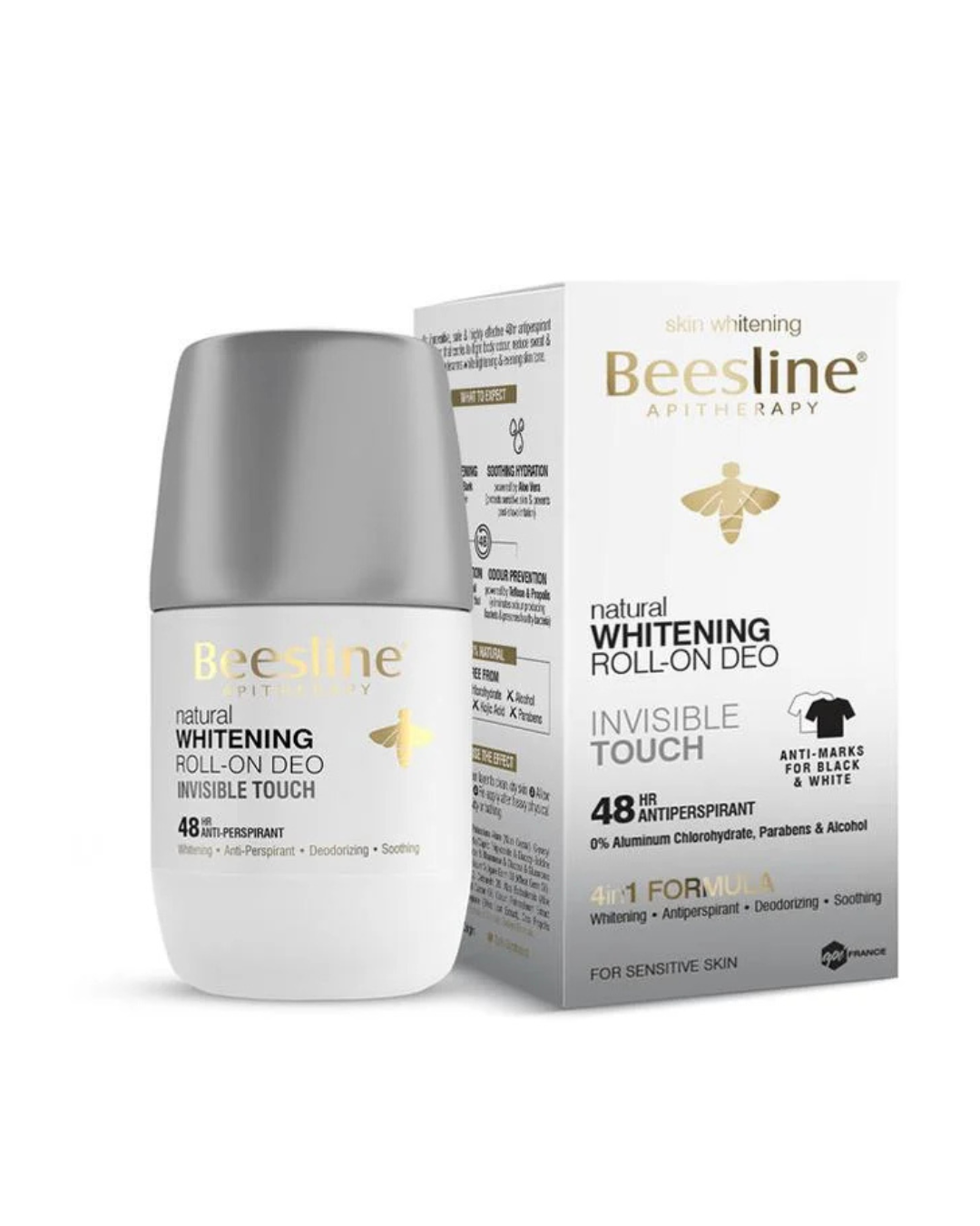 Beesline natural whitening roll-on deodorant and packaging on a white background