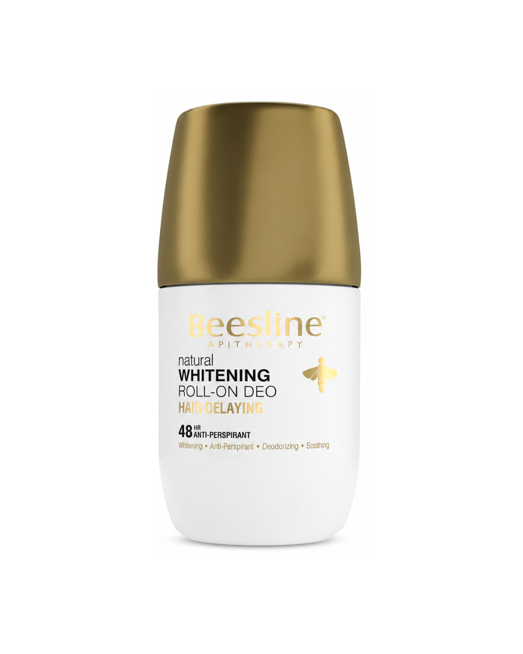 Beesline Whitening Roll-on Deo bottle with gold cap on a white background