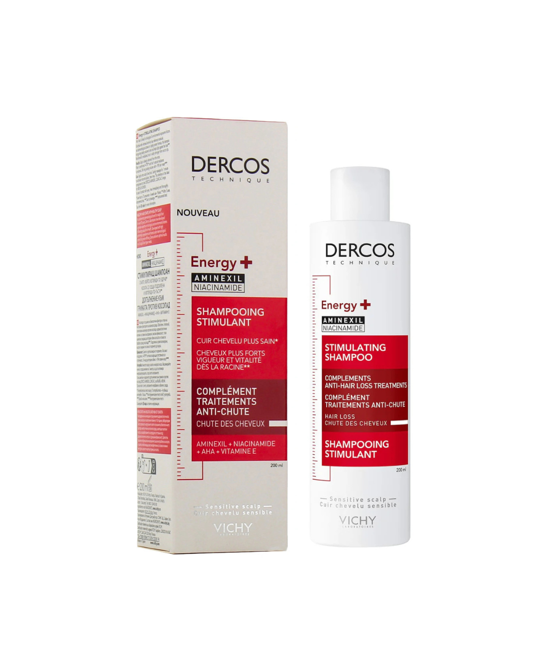 Vichy Dercos Energy+ Shampoo and box on a white background