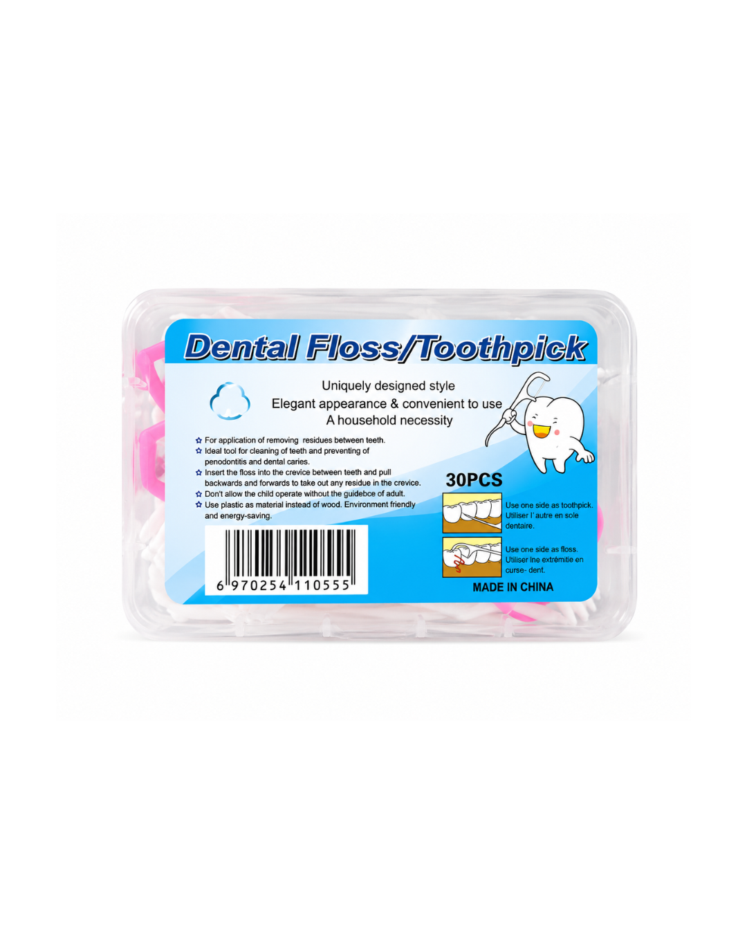 Pack of dental floss/toothpick with packaging on a white background
