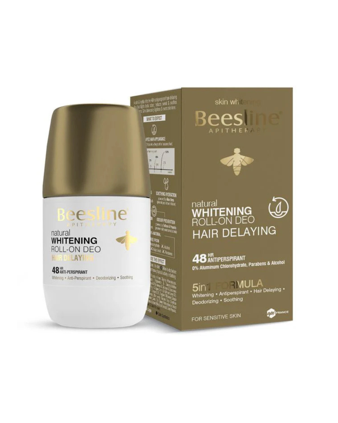 Beesline whitening roll-on deodorant with packaging on a white background