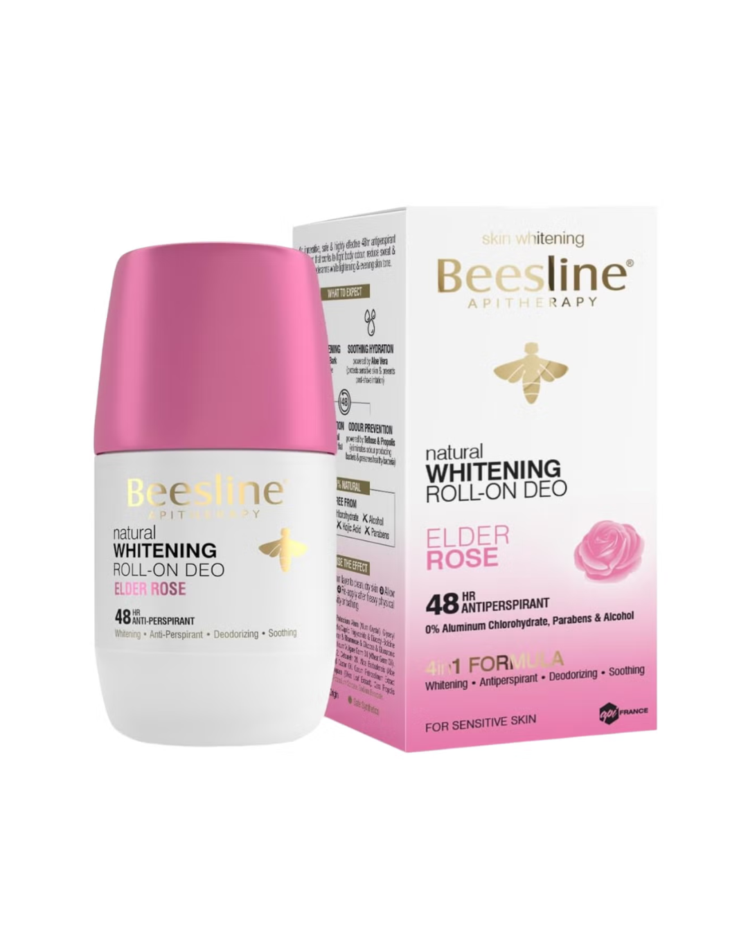 Beesline Whitening Roll-On Deodorant Elder Rose with packaging on white background