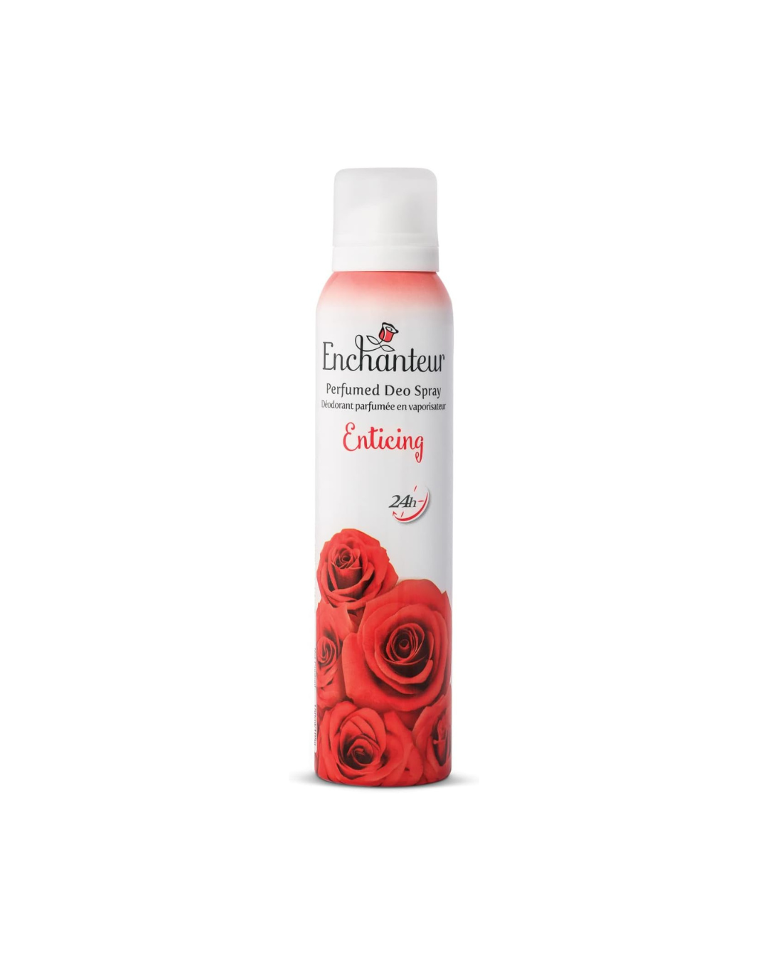 Enchanteur perfume deodorant spray with red rose design on a white background