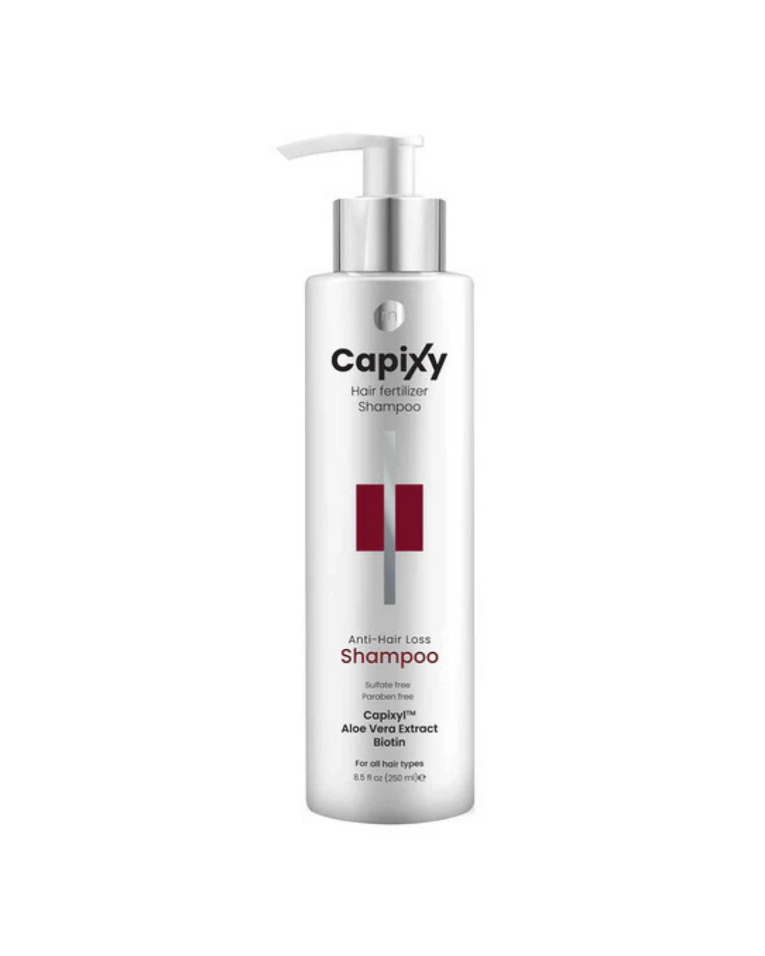 Capixy shampoo bottle with pump on a white background