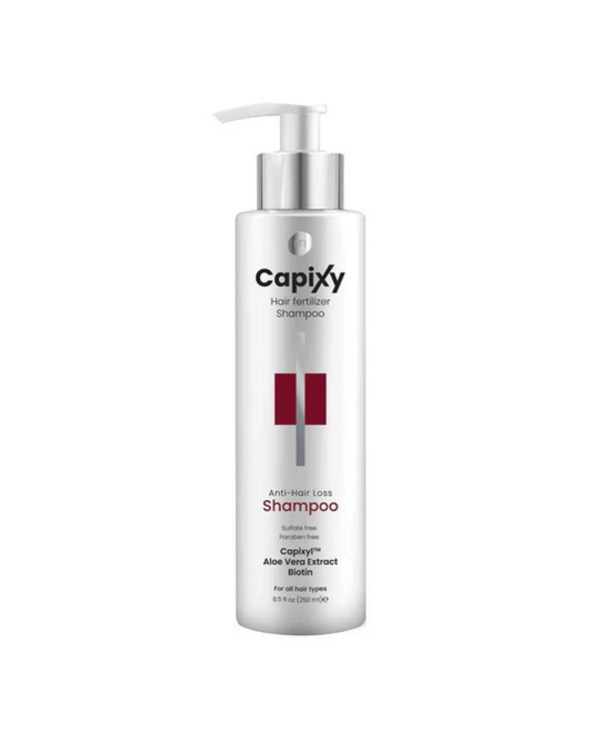 Capixy shampoo bottle with pump on a white background