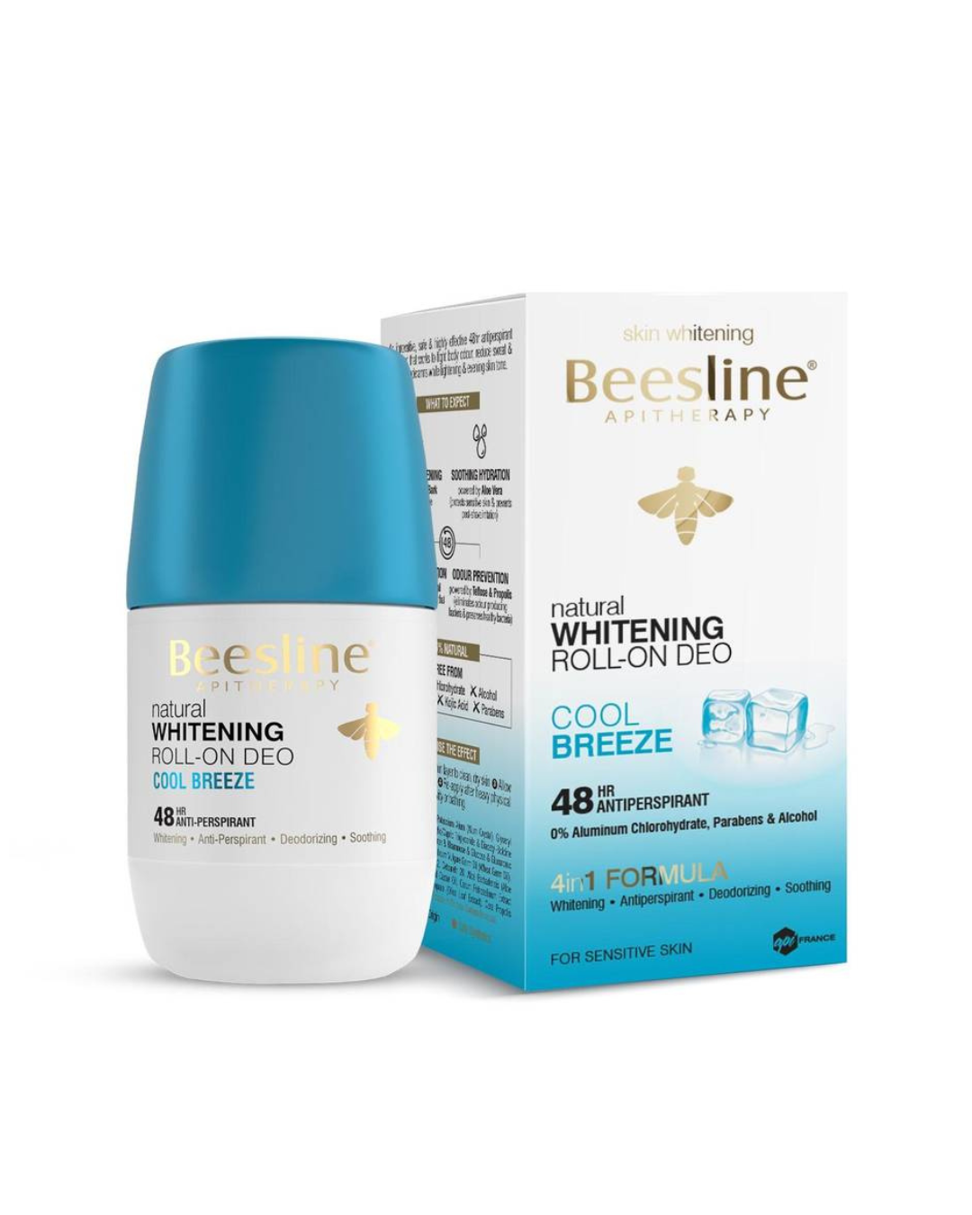 Beesline natural whitening roll-on deodorant with packaging on a white background