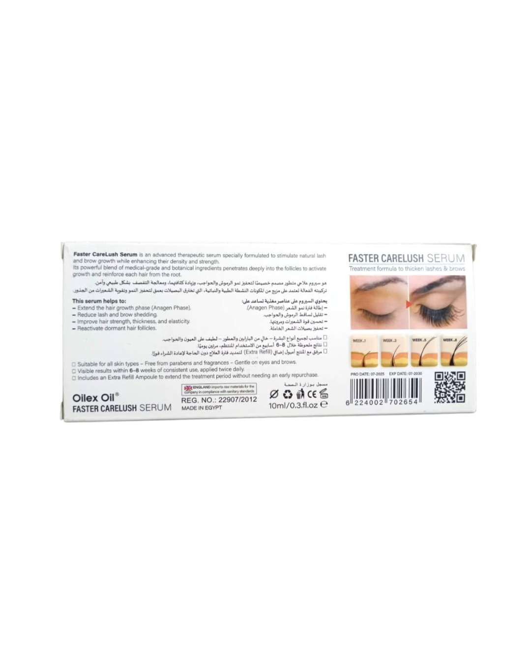 Eyelash serum packaging with text and an image of eyelashes on a white background