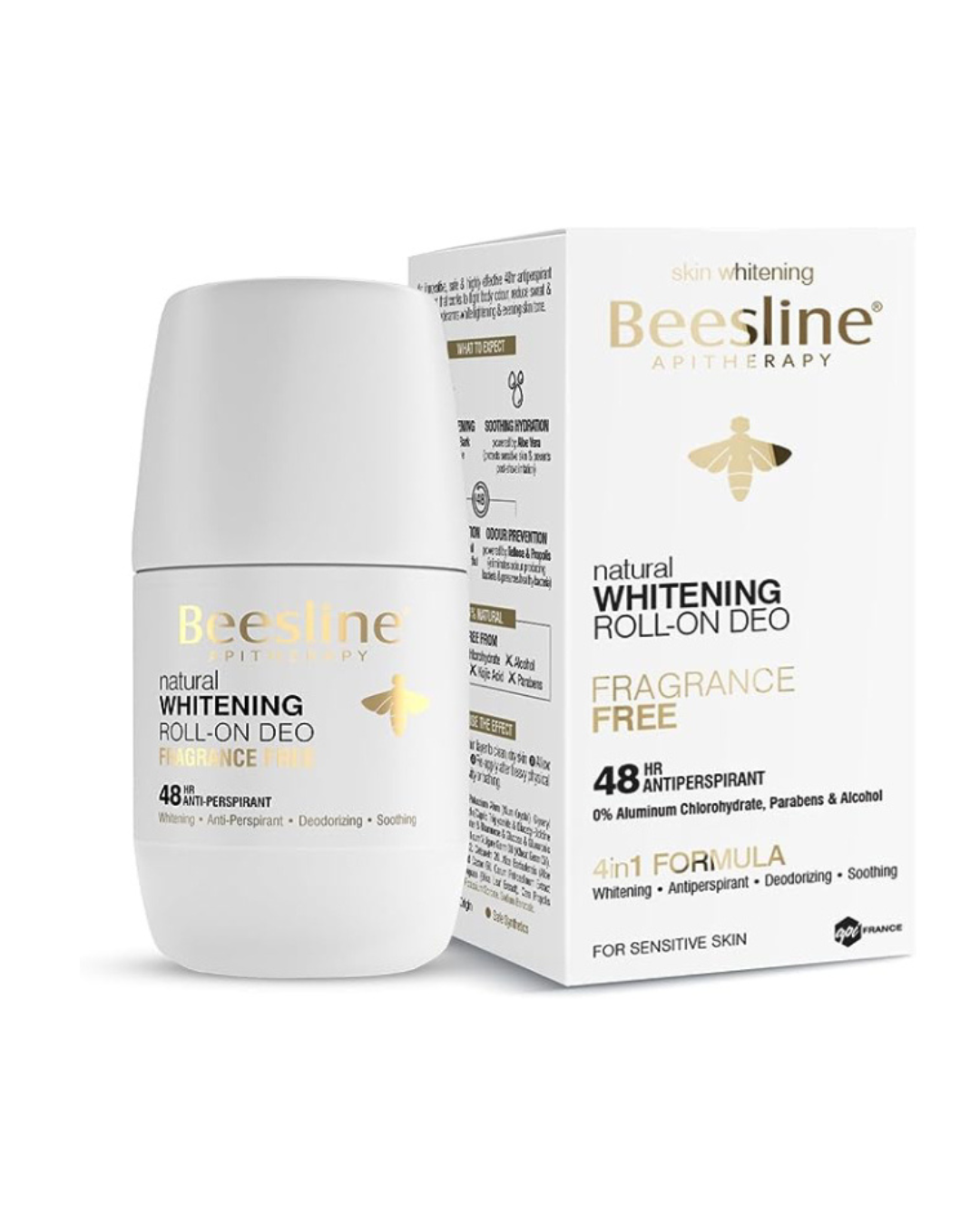 Beesline Whitening Roll-On Deodorant Fragrance Free with packaging on white background