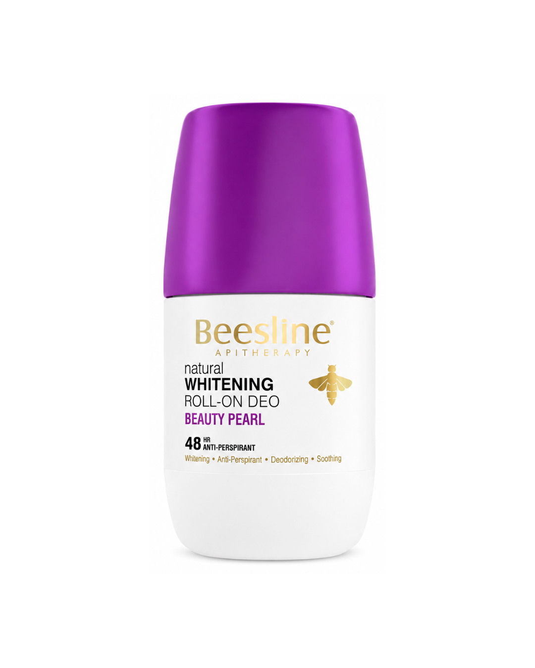 Beesline Whitening Roll-On Deo bottle with purple cap on a white background