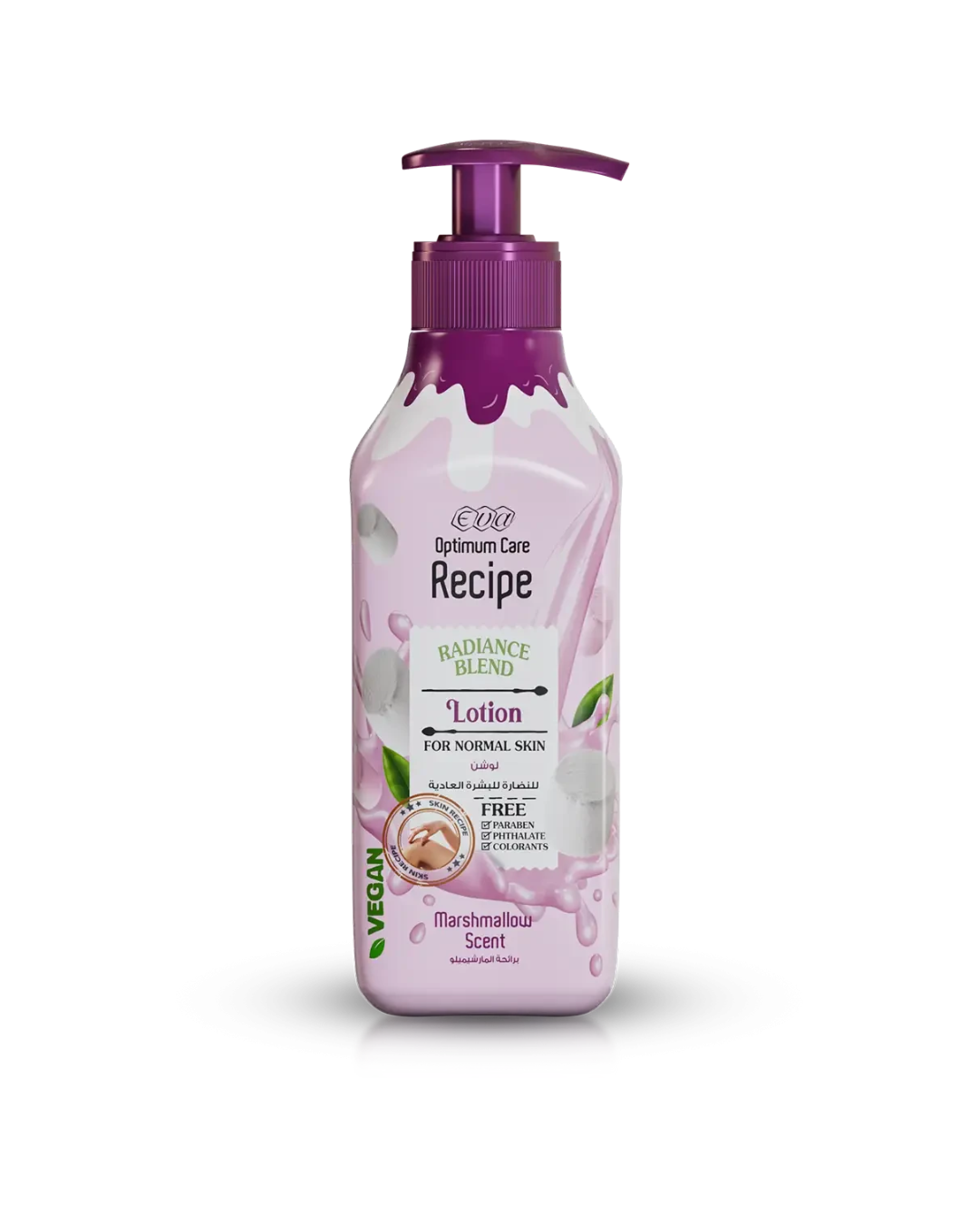 Lotion bottle with pink label on a white background