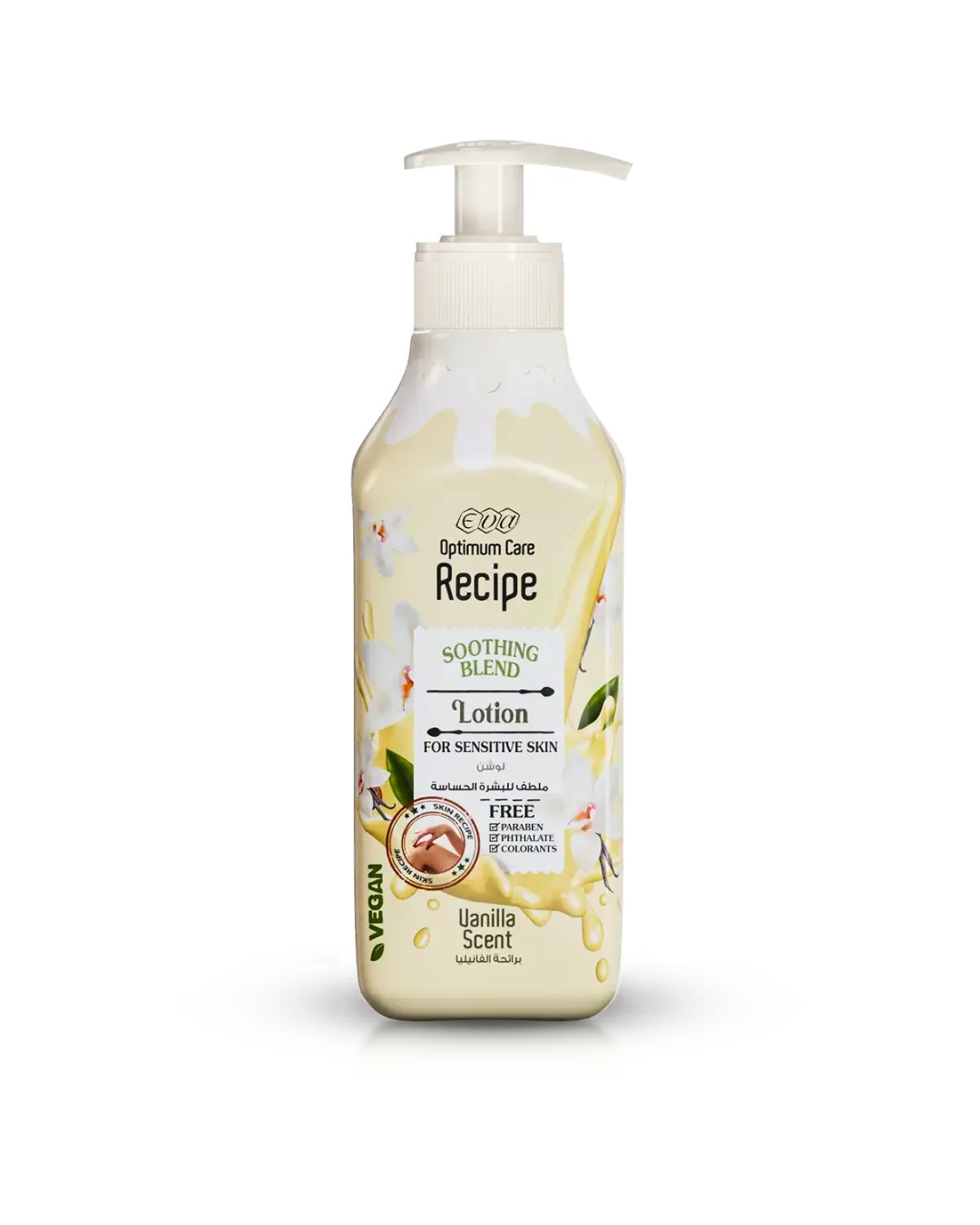 Lotion bottle with pump labeled 'Recipe' on a white background