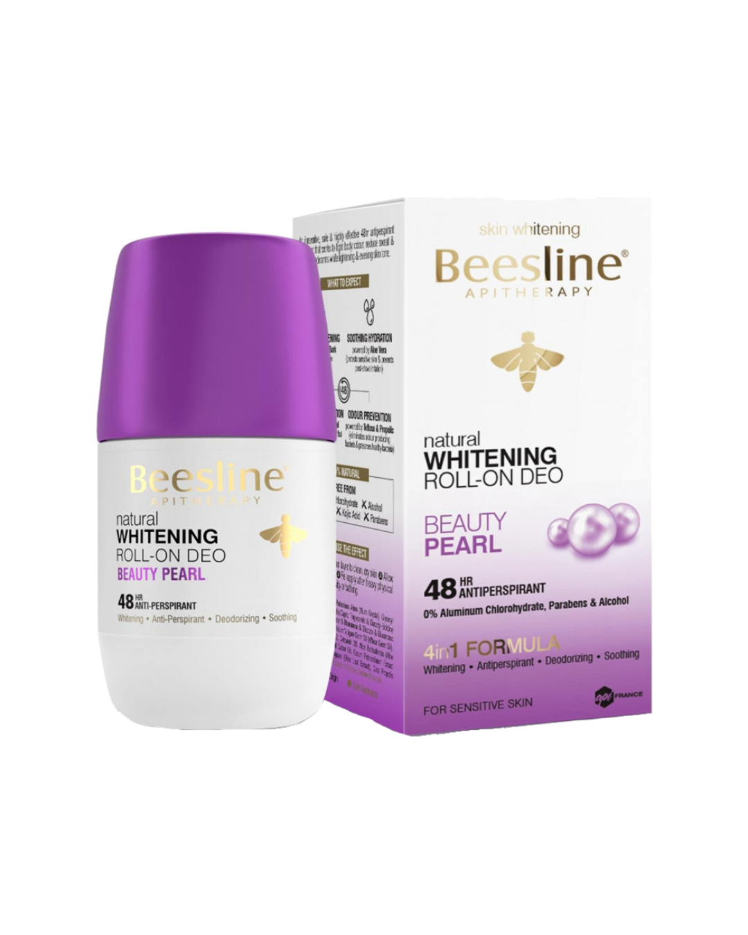 Beesline Whitening Roll-on Deo and packaging on a white background