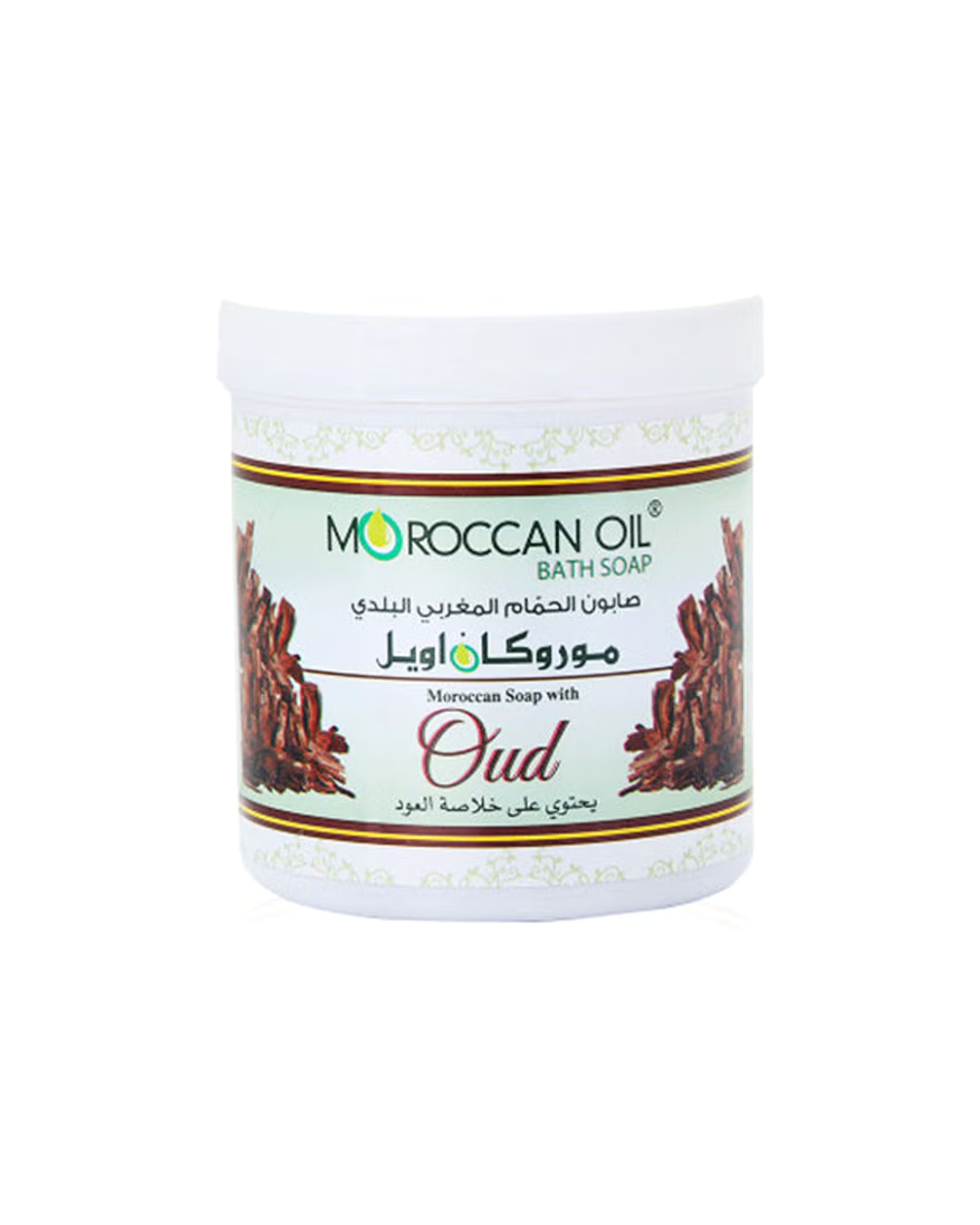 Moroccan Oil bath soap jar with oud fragrance on a white background