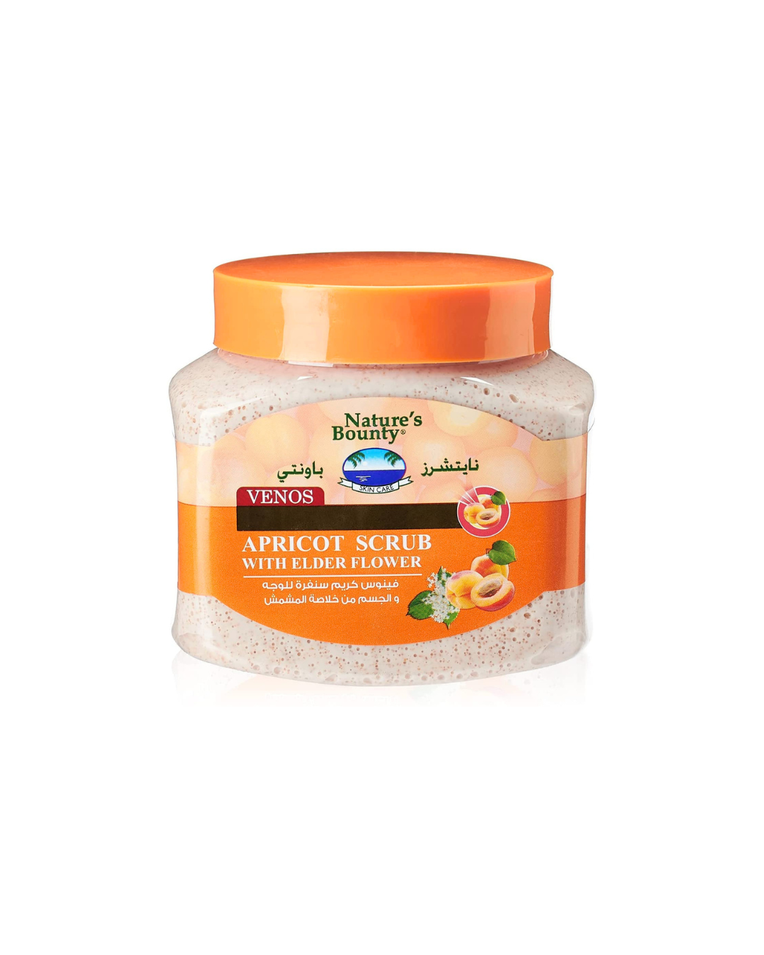 Jar of Nature's Bounty Apricot Scrub with Elder Flower on a white background