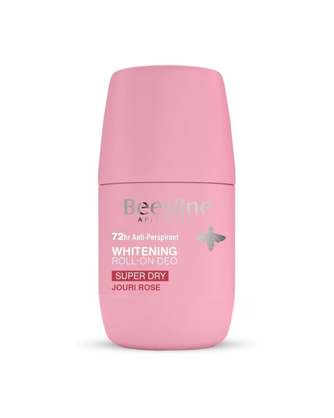 Pink deodorant bottle with 'Beesline' branding on a white background