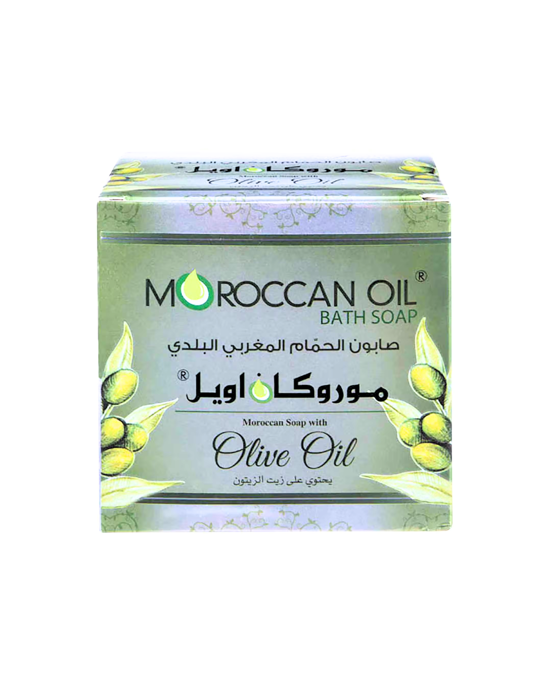 Moroccan Oil Bath Soap packaging with olive oil graphics on a white background