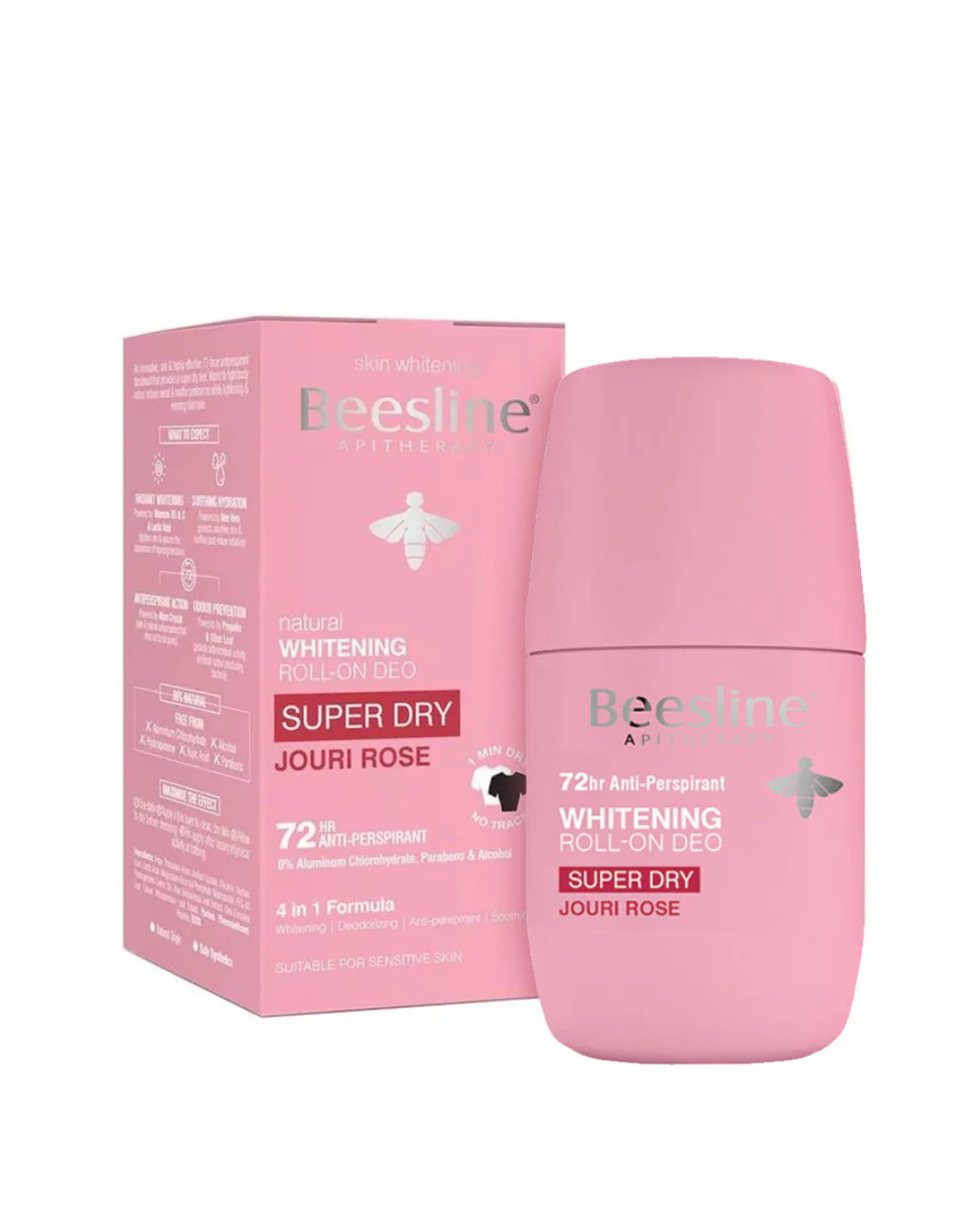 Pink roll-on deodorant with packaging on a white background
