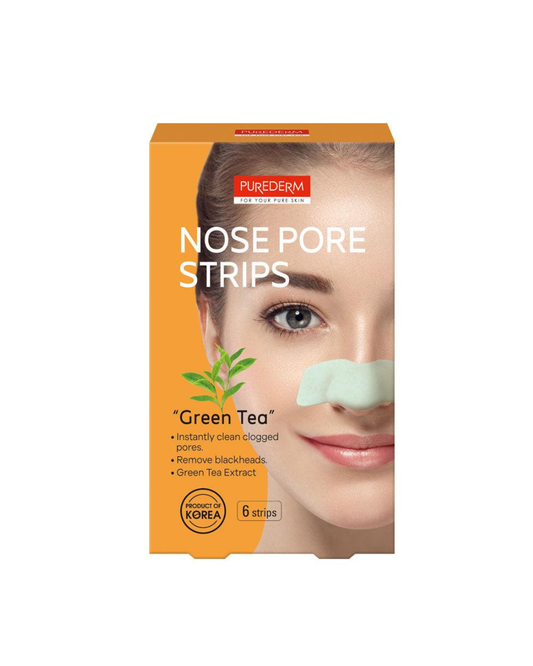 Box of Purederm Green Tea Nose Pore Strips with a model wearing a strip on their nose.
