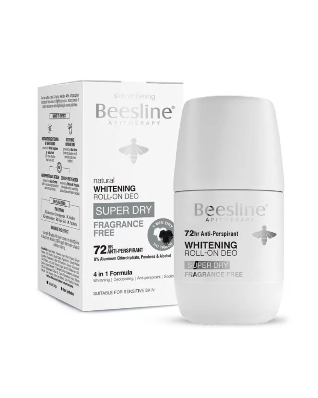 Beesline Whitening Roll-on Deo with packaging on a white background