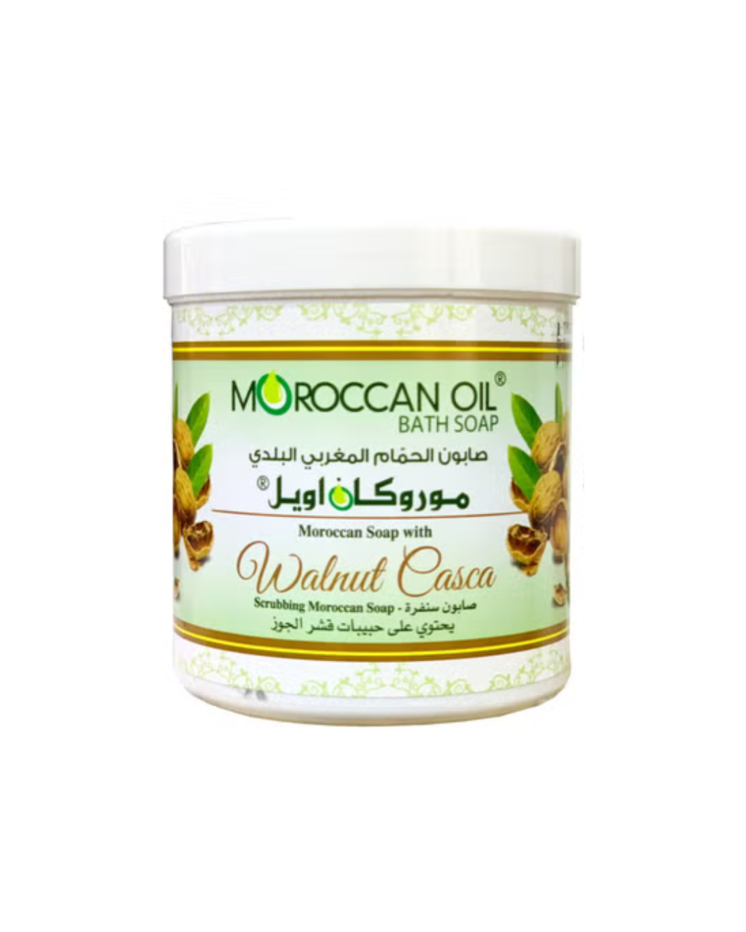 Moroccan Oil bath soap jar with green label on a white background