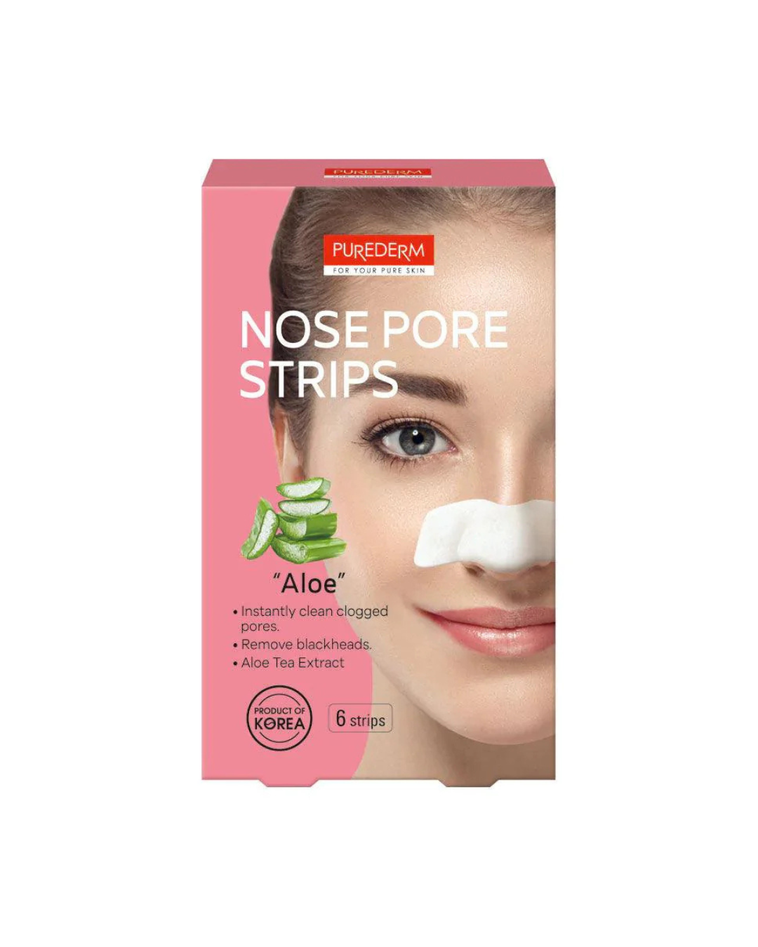 Box of Purederm nose pore strips with a model wearing a strip on a white background