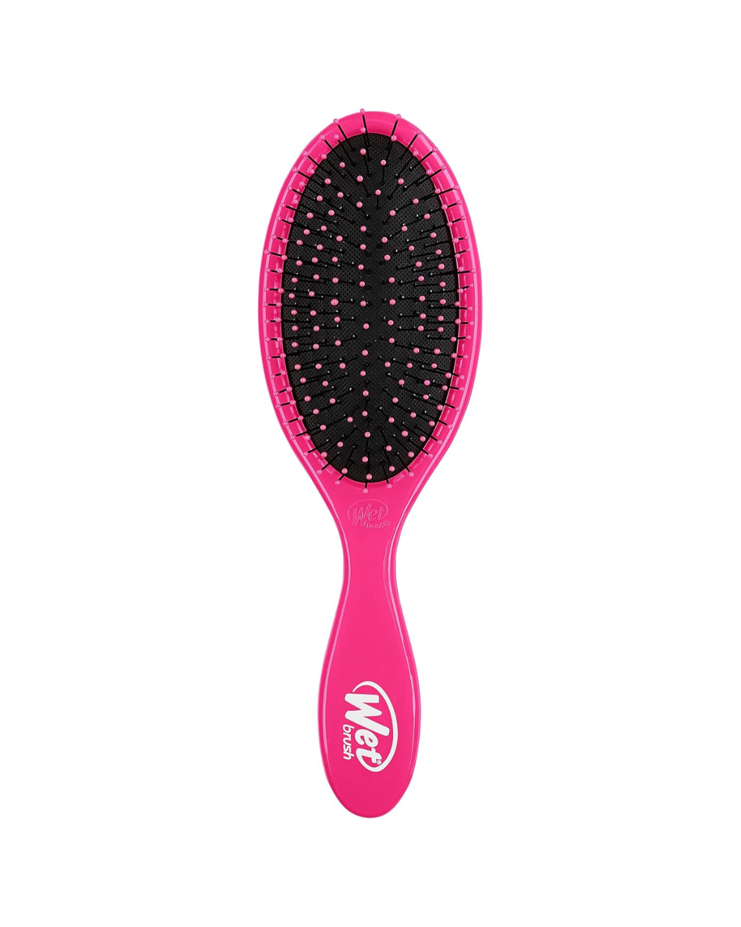 Pink hairbrush with black bristles on a white background