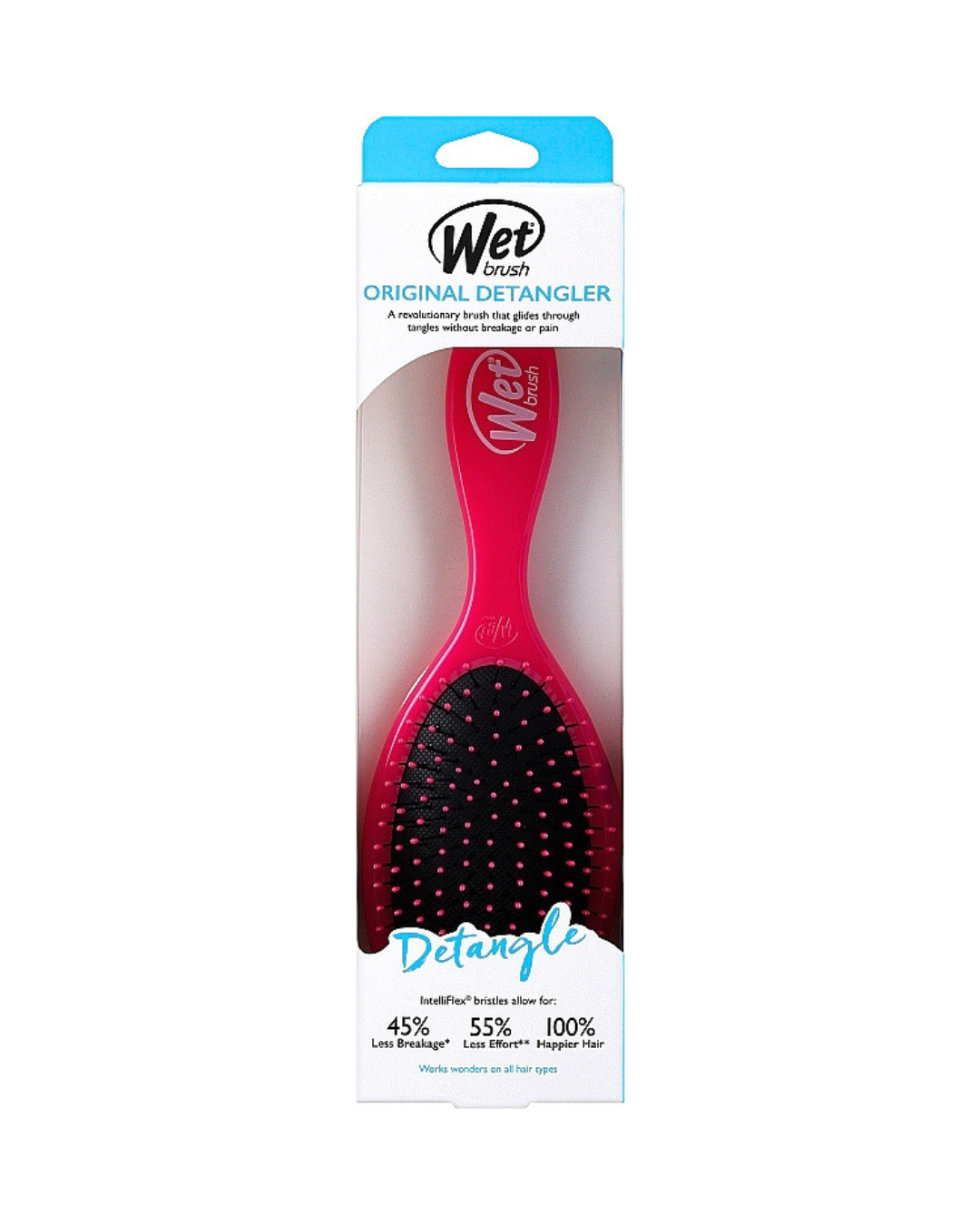 Red detangling brush in packaging with 'Wet Brush' branding on a white background